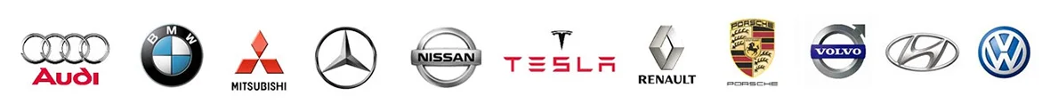 Car manufacturer badges including Tesla, Nissan, BMW, Mercedes-Benz, Mitsubishi and Volvo